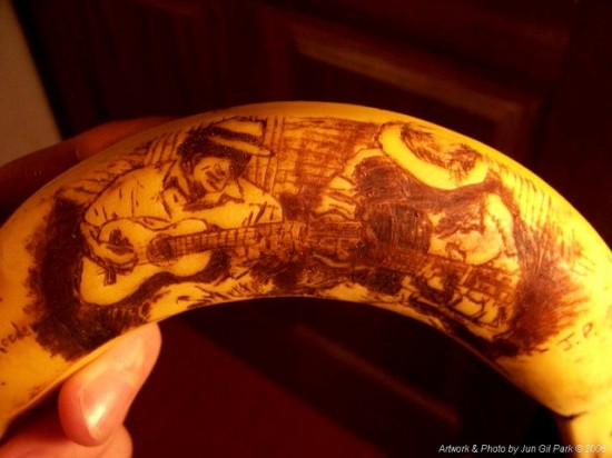 Dueling Latino Guitarists Banana Peel Art by Jun Gil Park