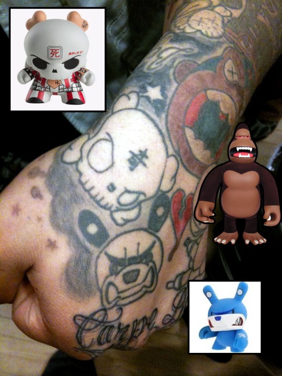 Tattoos inspired by art: Skullhead by Huck Gee. King Ken by James Jarvis. Knucklebear by Touma.