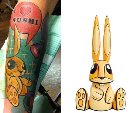 Tattoos inspired by art: Mr. Bunny by Joe Ledbetter. Tattoo by Hannah Aitchison (Chicago). Flesh canvas by Ron.