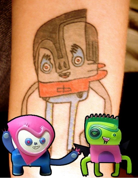 Tattoos inspired by art: Characters by Jon Burgerman. Flesh canvas by Kid Marmite.