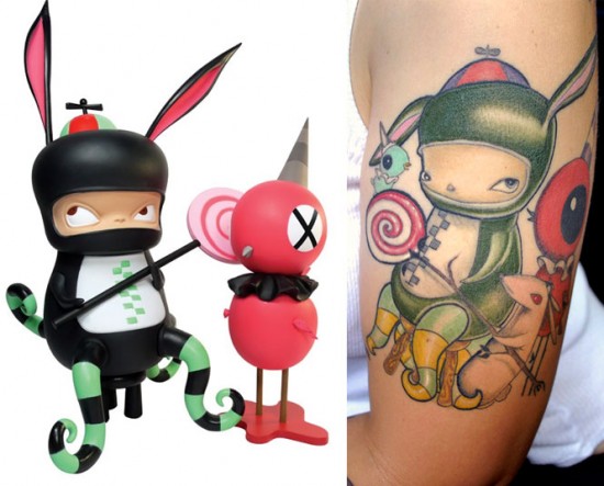 Tattoos inspired by art: Benny and Red Bird by Kathie Olivas. Flesh canvas by Amy the Vinyl Goddess.